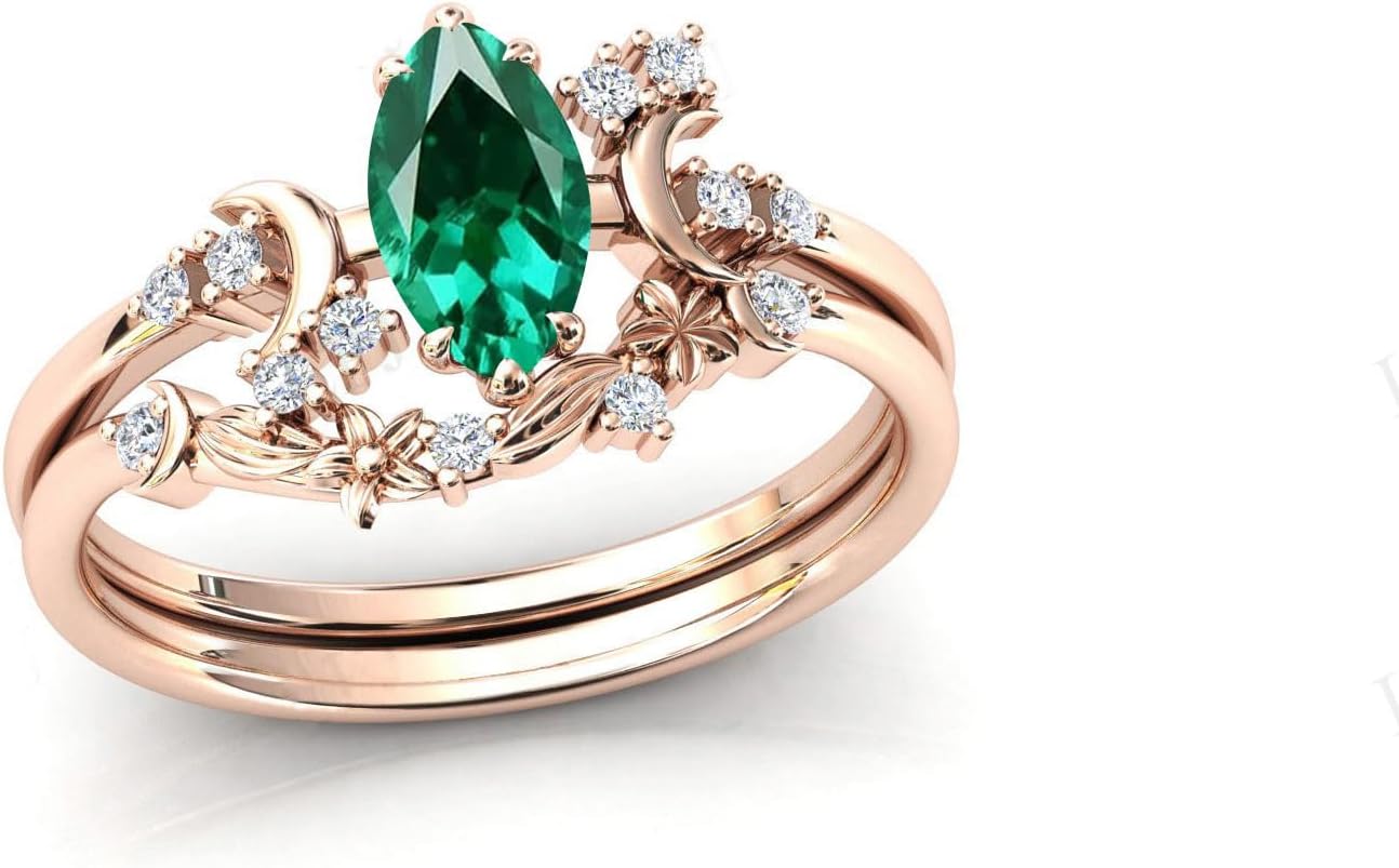 10K 14K 18K Black Gold Marquise Gemstone Engagement Ring Set for Women 925 Sterling Silver Gemstone Triple Moon Goddess Art Deco Bridal Wedding Ring Set (Size 4-15)