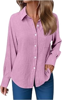 LRMQS Long Sleeve Shirts for Women Casual Loose Fit Button Down Cotton Shirt Tops Trendy Dressy Blouses Fall Outfits Clothes