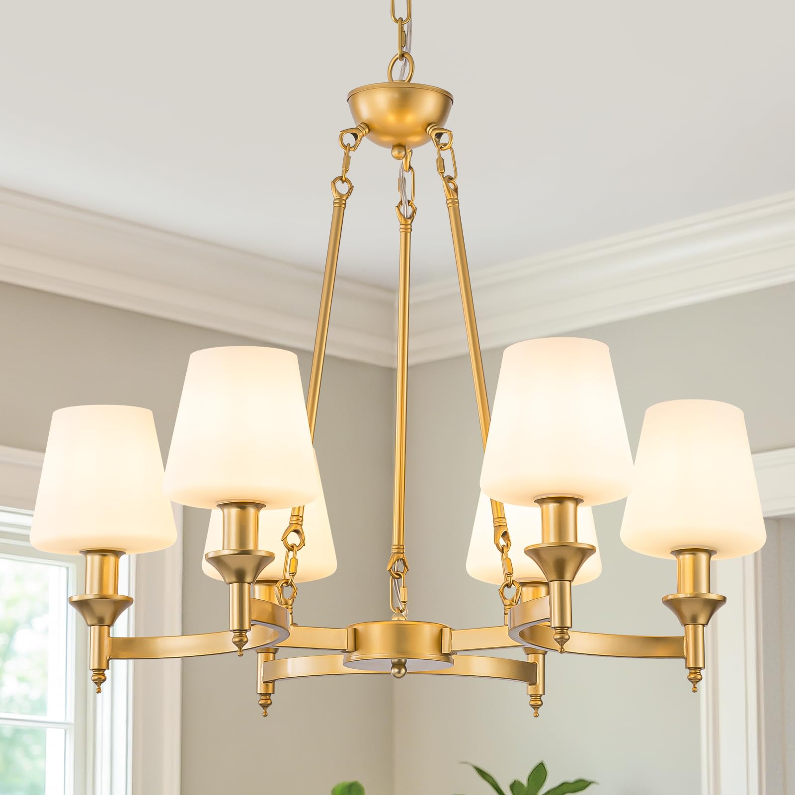Photo 1 of ZGKUYD 6-Light Modern Chandelier, Matte Glass Shade Pendant Light Fixture, Gold Metal Frame Hanging Ceiling Lamp, Adjustable Cord Dining Room Light for Kitchen Island Living Room Foyer