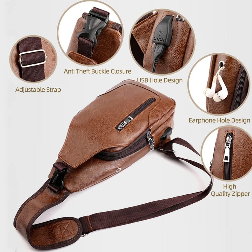 Peicees Leather Sling Bag Mens Crossbody Chest Bag Sling Backpack for Men with USB Charge Port, Vertical Zipper/Light Brown