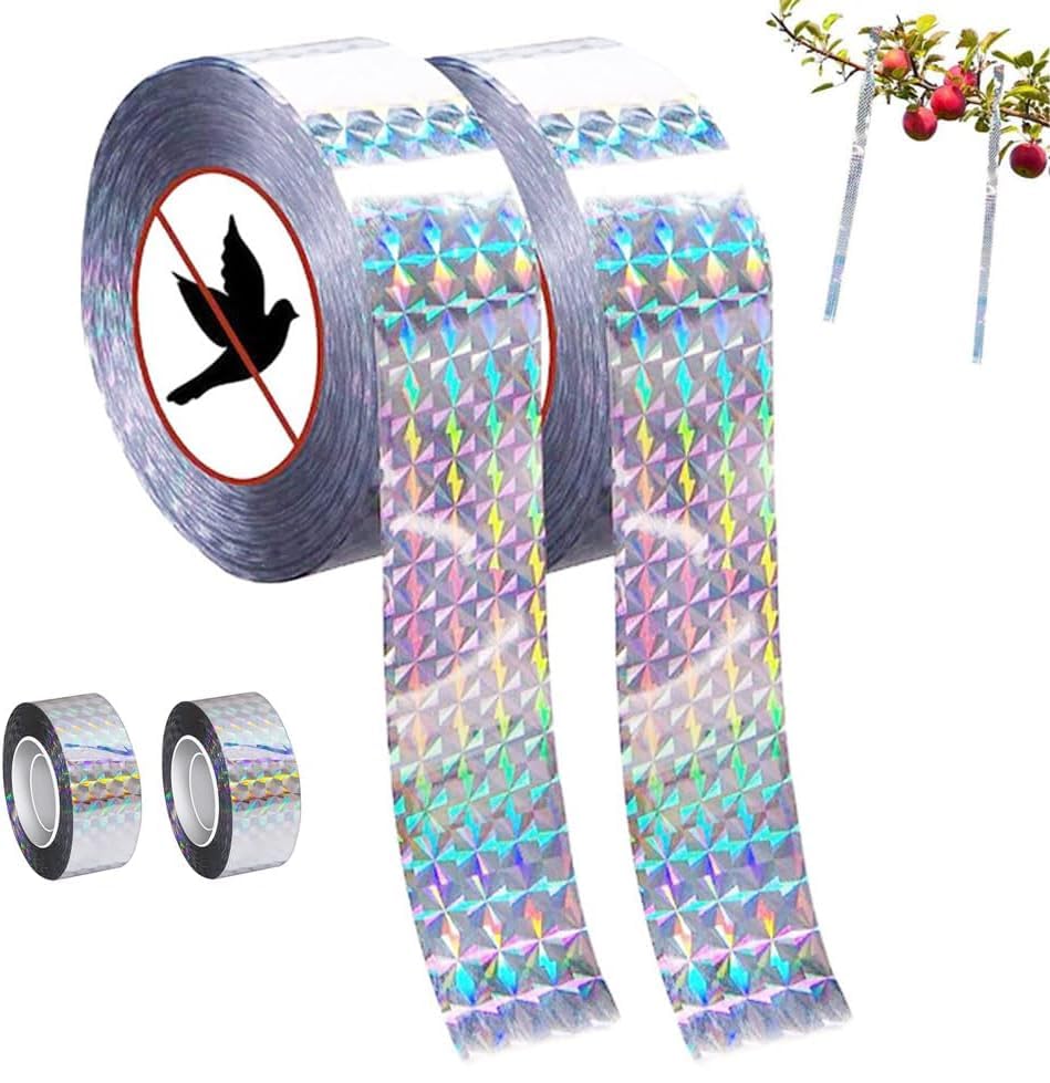 WUDIQ Bird Scare Tape Ribbon Double Sided 2pcs Total 100m Keep Birds Away Reflective Ribbon for House Garden Outdoor Pigeon Gulls Crows Starlings Swallows