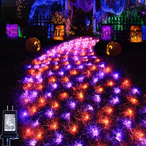 Pooqla Orange and Purple Halloween Net Lights Outdoor, 21x 5ft Green Wire
