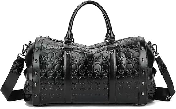 XingChen Skull Printed Duffel Bag 3D Skull Carry On Overnight Bag PU Leather Gym Handbag Weekender Travel Bag for Men & Women