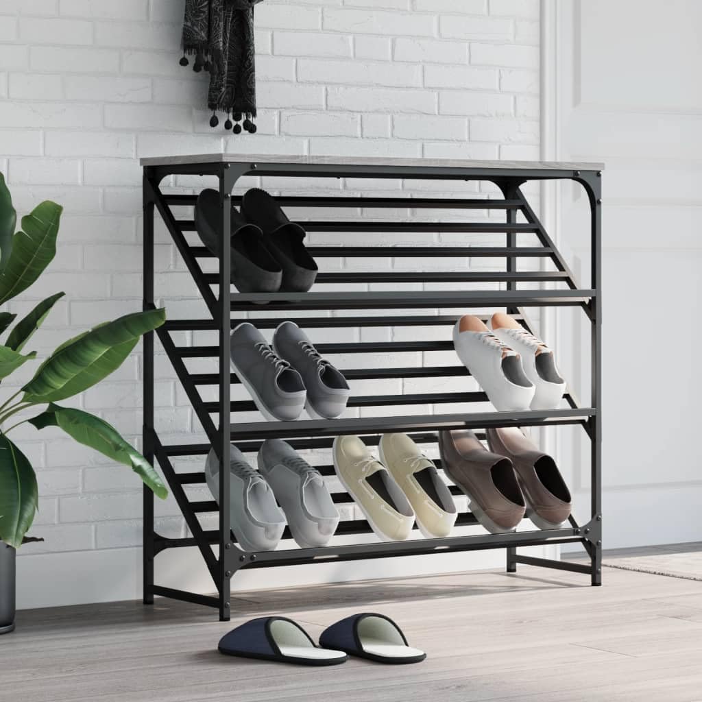 FENLAX Schuhregale aus Stahl und Holz 90x30x85cm Grau Sonoma Schuhregal Modern Offene Schuhregale Lagerschrank Shoe Organizer Platzsparendes Schuhregal Flurschrank Klassische Schuhregal Küche, Haushalt & Wohnen