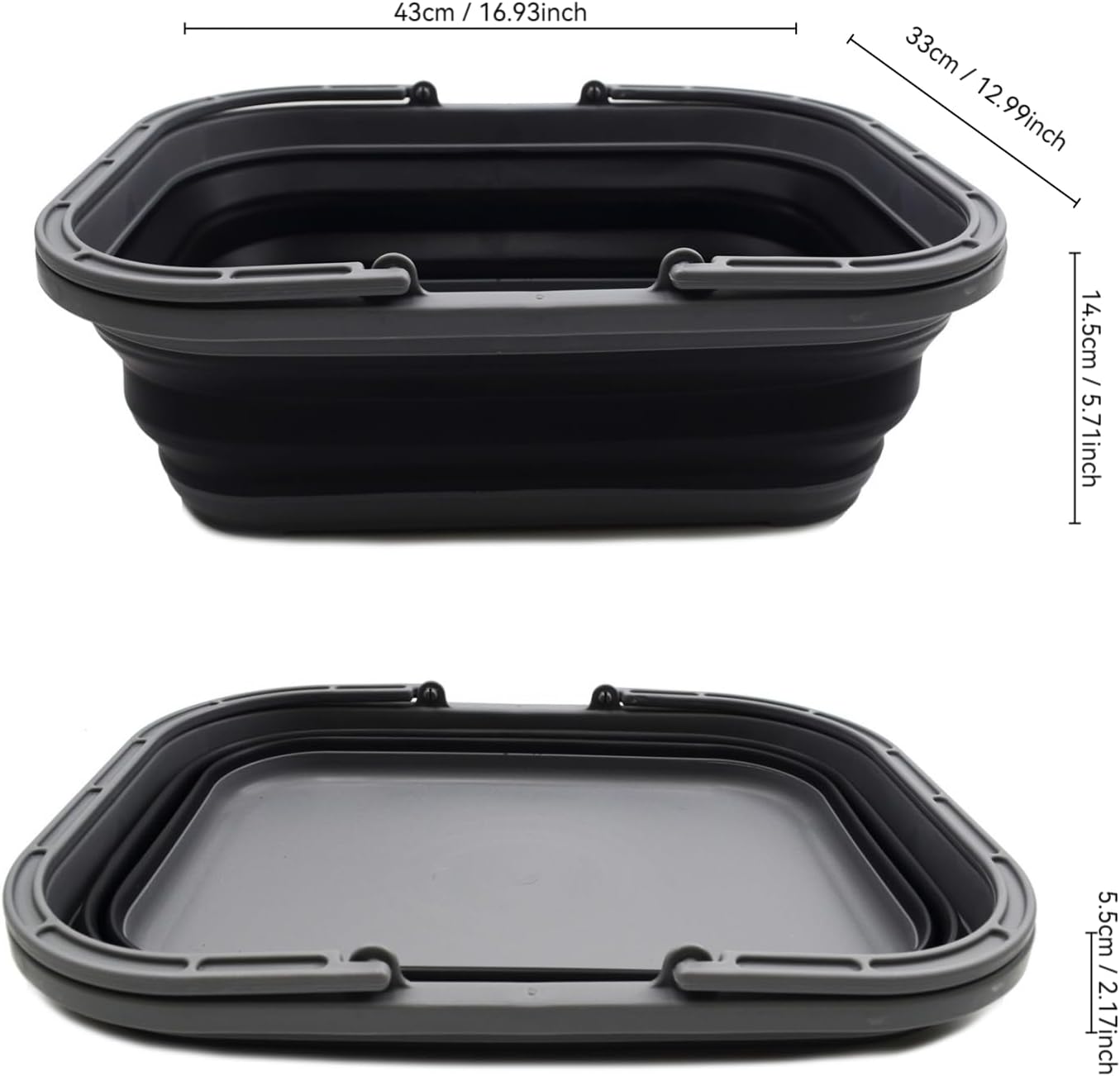 SAMMART 12L (3.17 Gallon) Collapsible Tub with Handle - Portable Outdoor Picnic Basket/Crate - Foldable Shopping Bag - Space Saving Storage Container (1, Grey/Black)