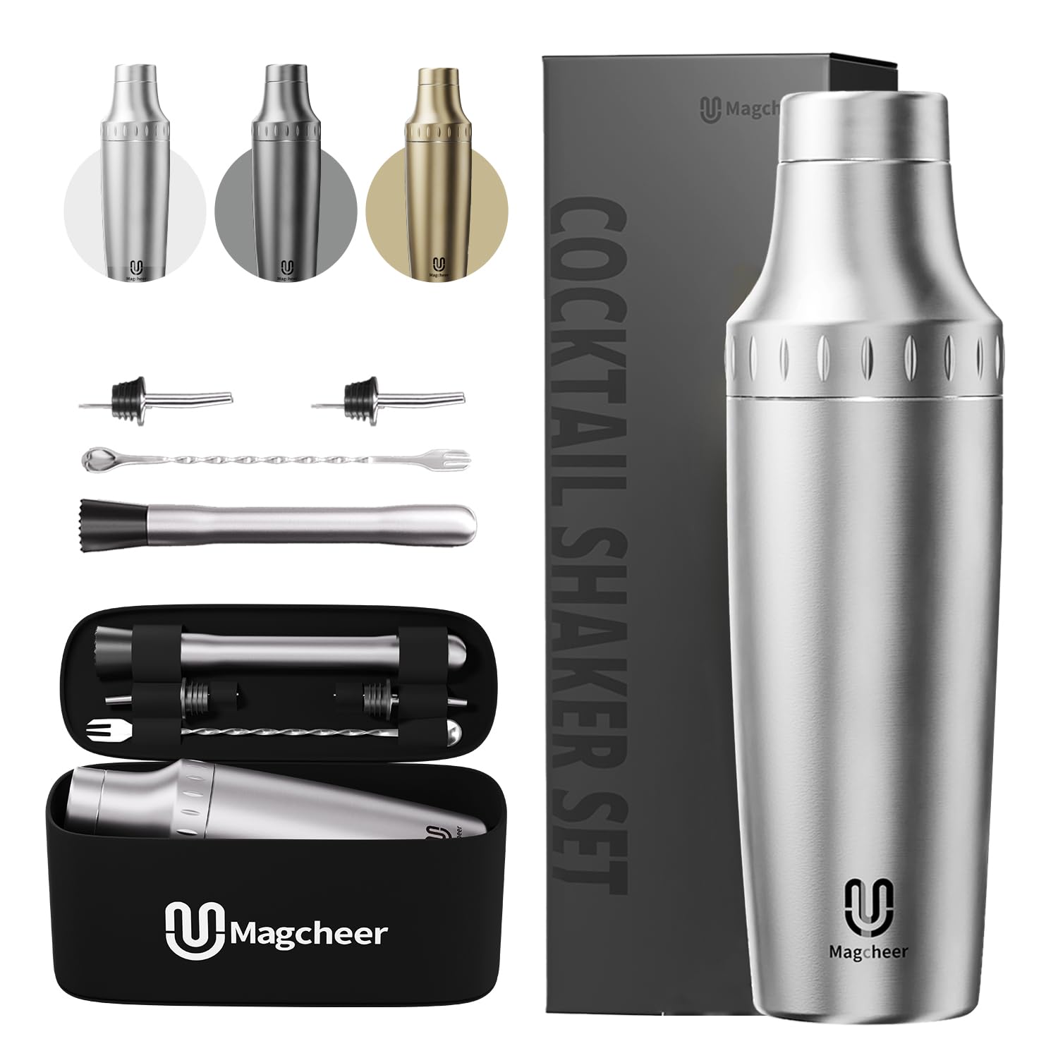Hybrid Cocktail Shaker Set | Vacuum Insulated Stainless Steel Martini Shaker with Strainer & Jigger Lid | Travel Cocktail kit with Bartender Accessory Tools | 30oz | Silver