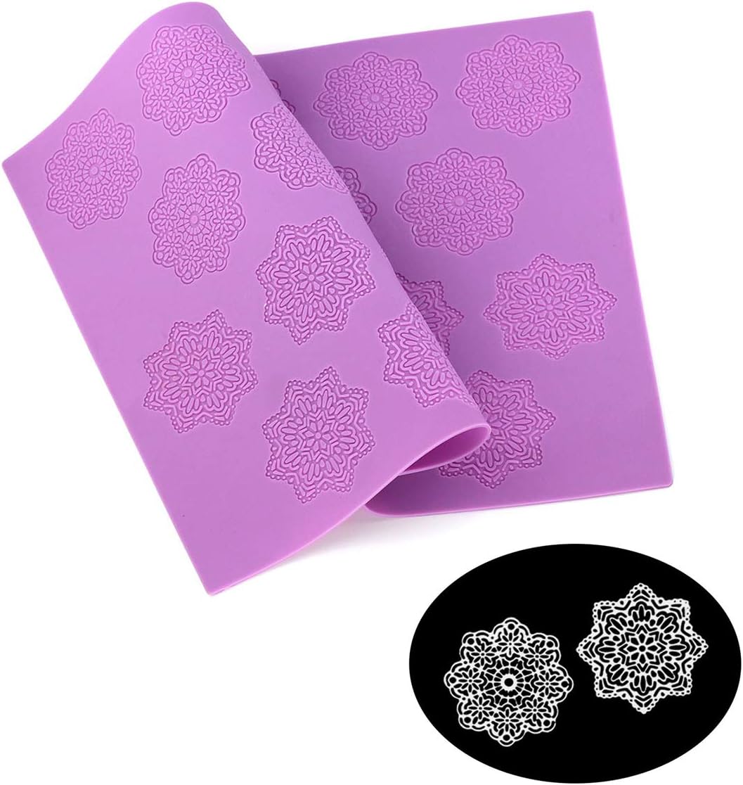 HiParty Snowflake Flower Pattern Silicone Lace Mat Sugar Craft Impression Mold Edible Cake Decorating Wedding Decoration Floral Imprint Border Brim Decor Fondant Decorative Embossing Baking Tools