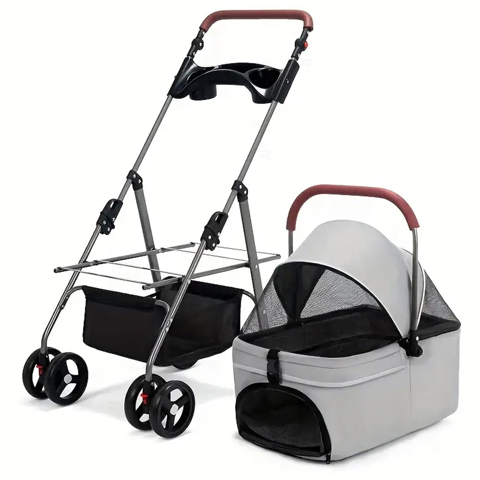 PJDDP 3-In-1 Multifunction Pet Stroller, Cat Dog Stroller,4-Wheel Dog Portable Stroller,Adjustable Handle Height Dog Stroller with Detachable Carrier,Cup Holder And Storage Basket,Gray