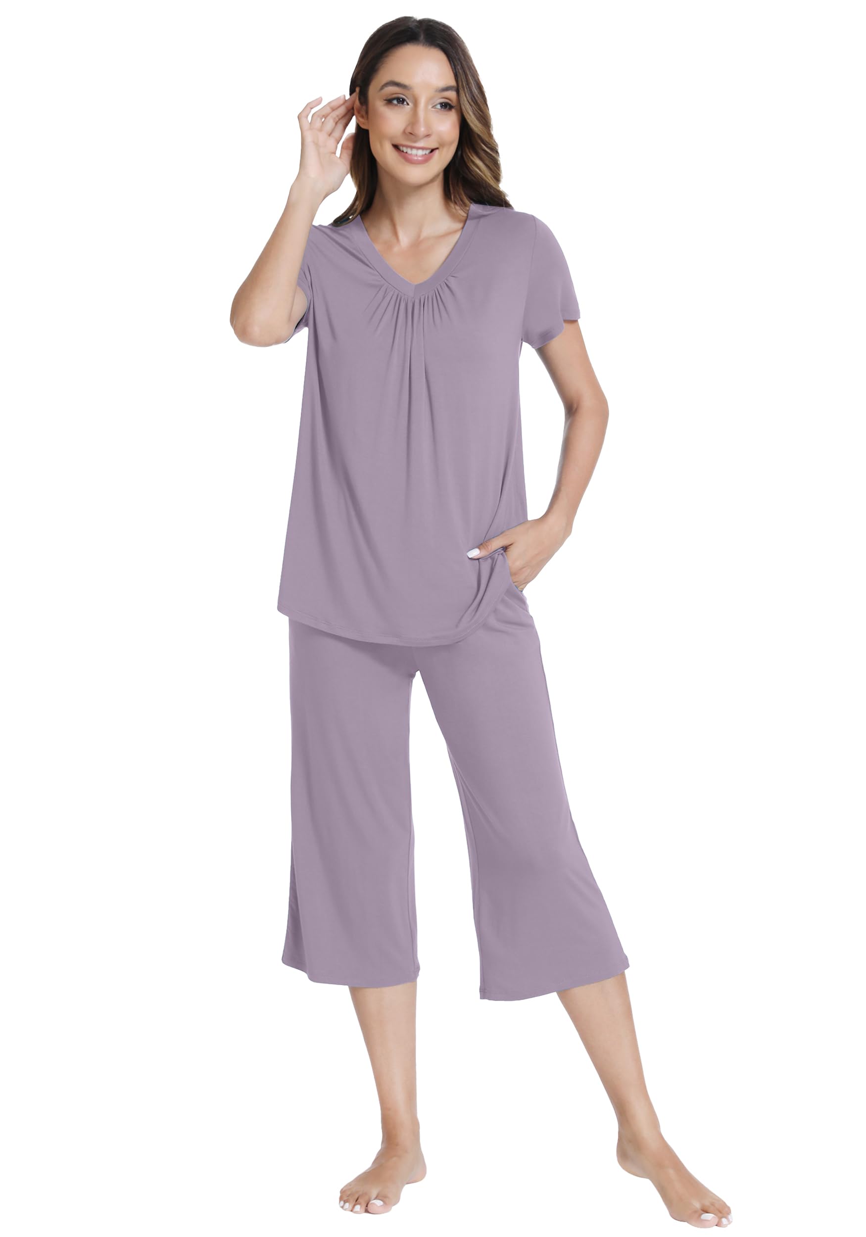 WiWi Conjunto de pijama suave para mujer, camiseta suelta de manga corta con capris y pantalones capri, pijamas S-XXL