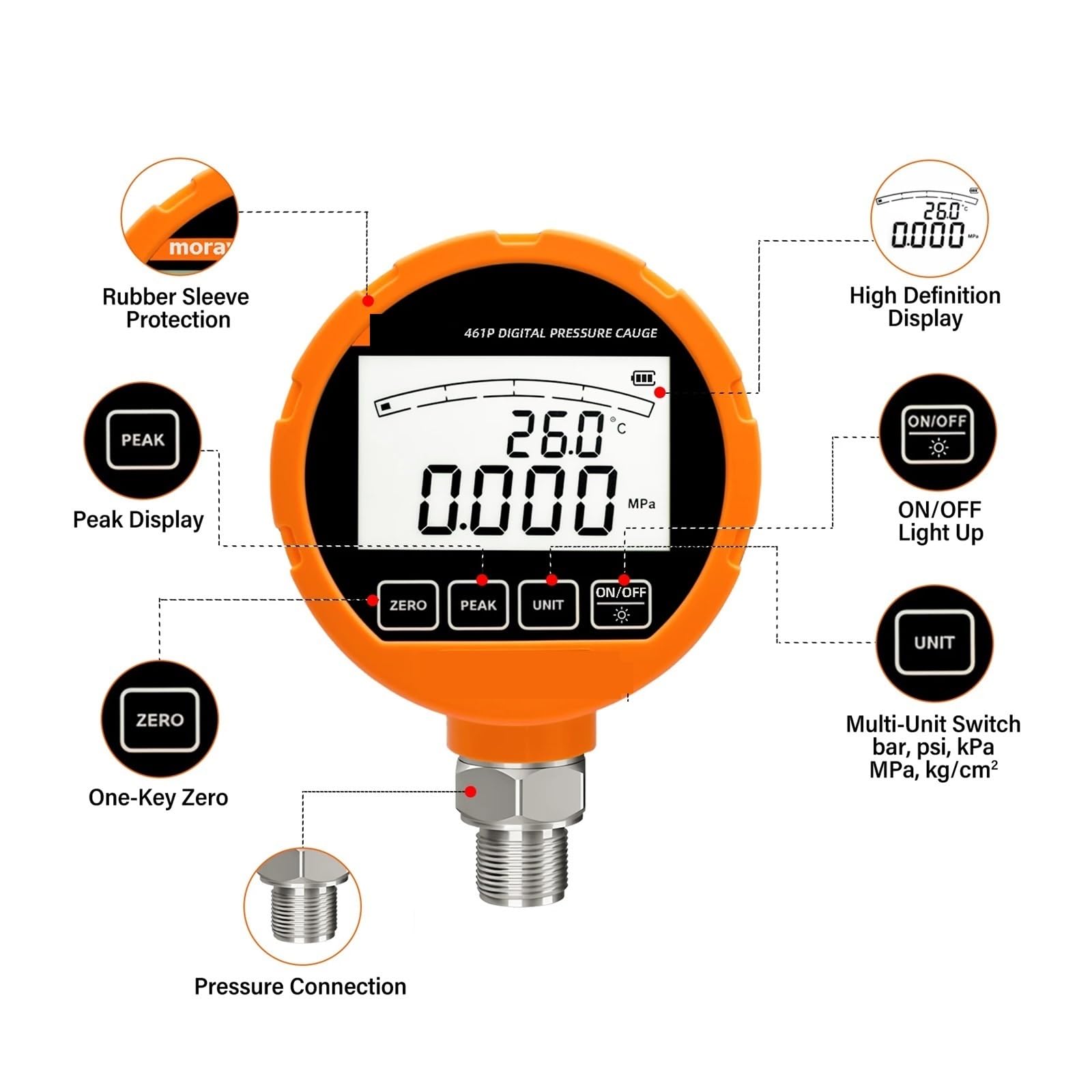 Ciśnieniomierz, ME461P cyfrowy manometr hydrauliczny dokładność 0,5% FS membrana 316L LCD manometr gazu płynnego ze stali nierdzewnej(NPT 1-8,0-6MPa)