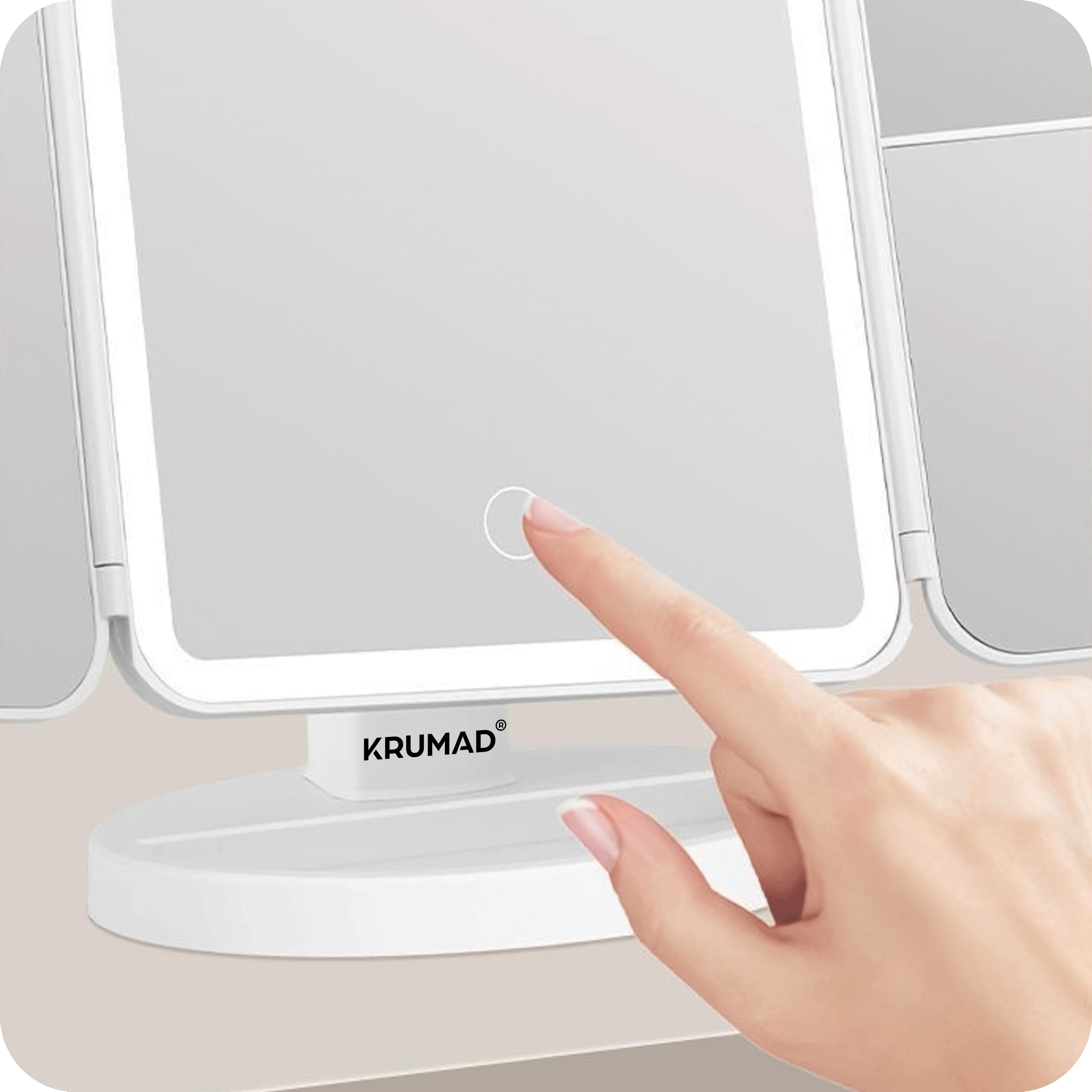 KRUMAD Lusterko do makijażu LED potrójne, 3 kolory światła, 175x240 mm, kosmetyczne lusterko z regulacją jasności i akumulatorem USB-C