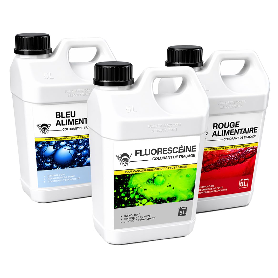 Méduze - Pack 3 x colorant de traçage prêt à l'emploi 5 Litres - Fluorescéine, Rouge et bleu alimentaire - Précision et visibilité maximale