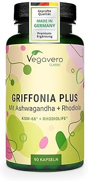 5-HTP Kapseln | aus Griffonia | Mit Ashwagandha KSM-66® und Rhodiola Rosea Rhodiolife® | Adaptogene Komplex | Laborgeprüft | Ohne Zusatzstoffe | Deutsche Produktion von Vegavero®