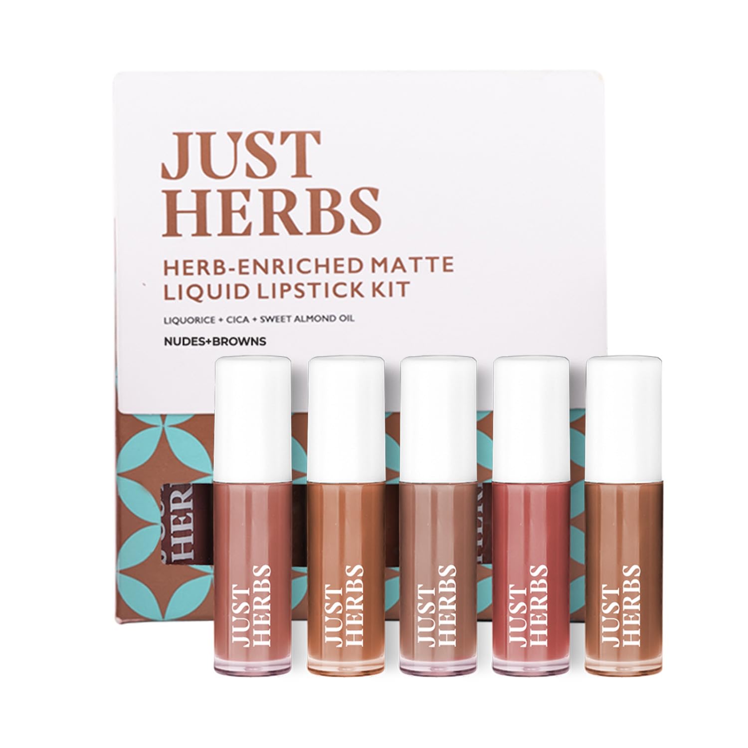 Just Herbs Herb Enriched Matte Liquid Lipstick | Set of 5 | Liquid Lipstick for Women | Nudes & Browns Shade | Hydrating & Lightweight | Ashwagandha & Brahmi - 1ml x 5u