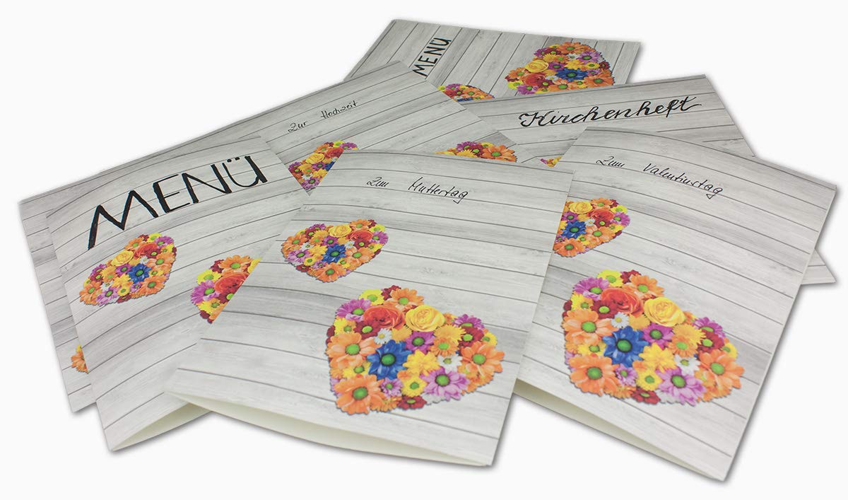 50 Doppelkarten DIN A5 mit Blumenherz 29,6 x 21,0 cm ungefaltet - gefaltet 14,8 x 21,0 cm - 300 g/m² stabile Qualität in der Mitte gefalzt ideal für Menükarten - von Ihrem Glüxx-Agent
