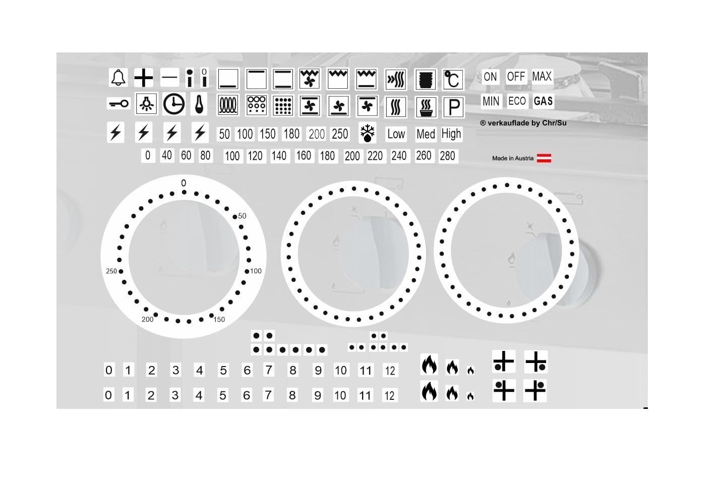 Verkauflade By Chr/Su Black Symbols On White Background Cooker Symbol Sticker Set As Labelling, Symbol Sticker For Electric Cooker And Gas Cooker (Rpm2/4/1) (Black Symbols On White Background)