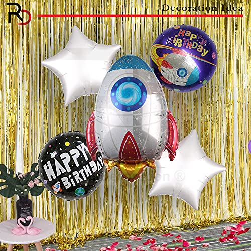 Image of Rozi Decoration Space Rocket Theme Happy Birthday Foil Balloon Set of 5 Piece for Kids Baby Boy Birthday Party