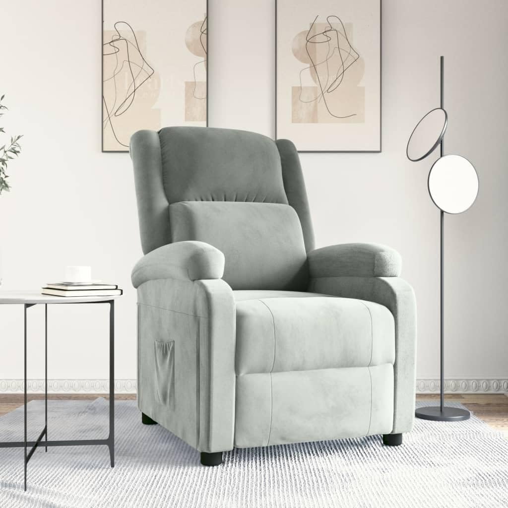 Fotel relaksacyjny, jasnoszary, aksamitny, z regulowanym oparciem i podnóżkiem, ergonomiczny, wygodny fotel wypoczynkowy z drewna i metalu, idealny do salonu, biura i kącika do czytania