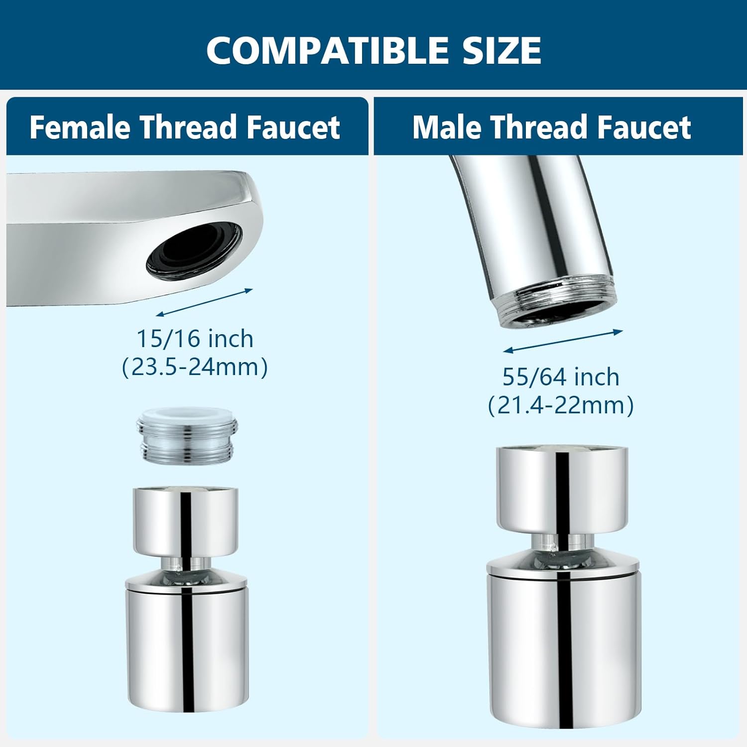 Swivel faucet aerator, 360° Swivel Kitchen Faucet Aerator, Dual-function 2-Flow Sprayer Faucet Head Replacement Kitchen Sink Faucet 55/64 inch Female Thread Faucet Extender (Chrome-1)