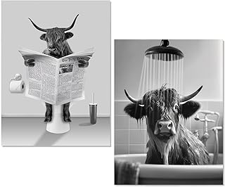 Funny Highland Cow Poster Bathroom Wall Decor, 12x16 Inch Western Highland Cow Canvas Art Print, Vintage Rustic Style Funny Bathroom Cow for Bathroom Restroom Farmhouse Decor, Set of 2 - Unframed