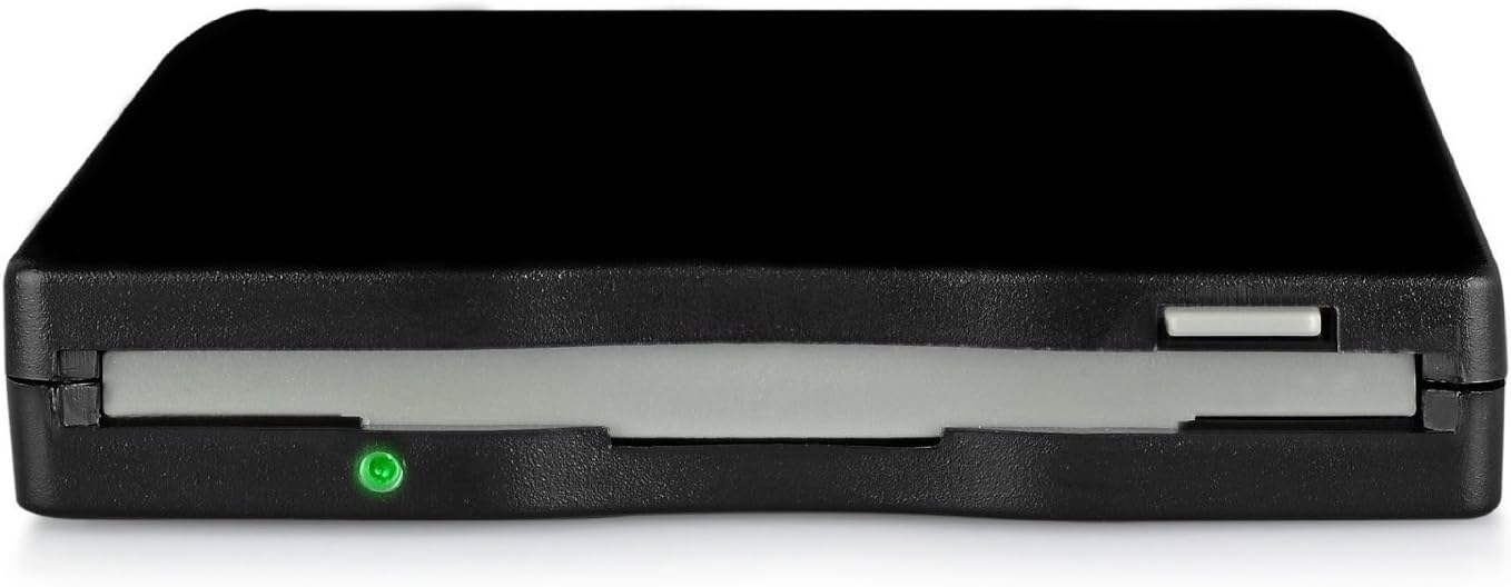 Close-up of the eSynic USB Floppy Drive's front with the green LED indicator lit.