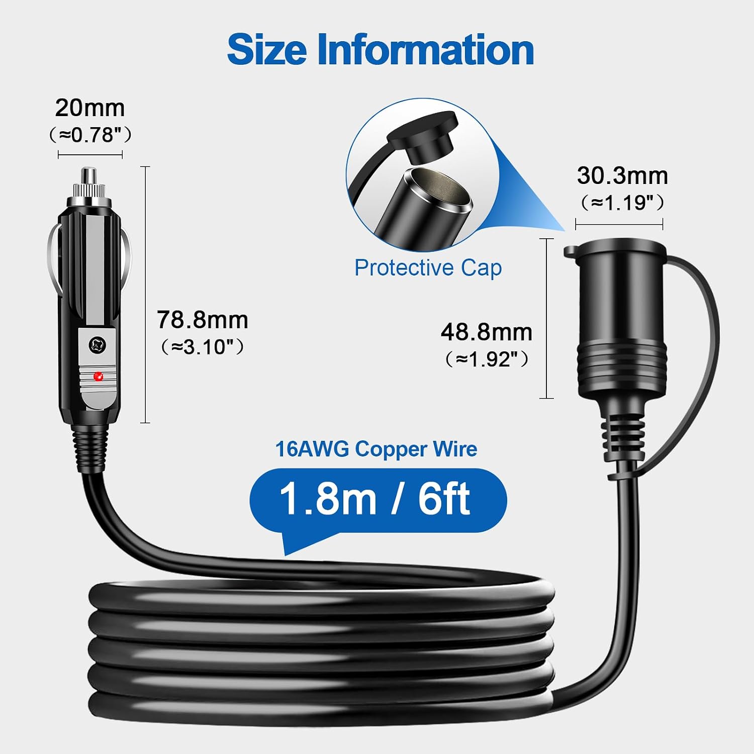 Cigarette Lighter Extension Cord, 12V-24V Cigarette Lighter Socket Extension Cable 1.8M/6FT 16AWG Plug to Female Socket Heavy Duty Extension Lead for Car with LED Replaceable 15A Fuse
