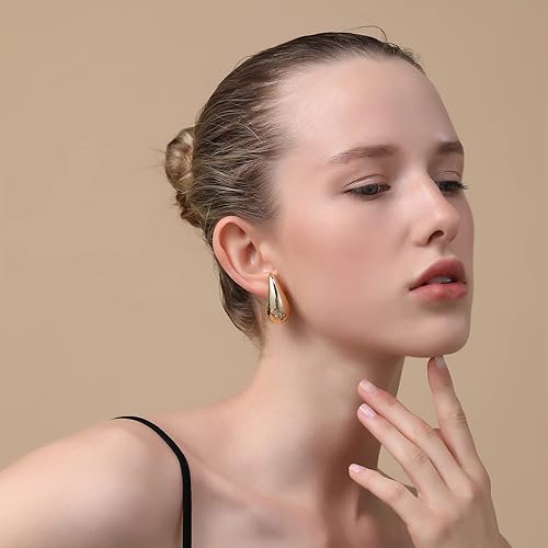 Miniatura 3 de Apsvo Aretes de aro gruesos de oro para mujer, aretes tipo Dupes, ligeros, con forma de gota de agua, aros abiertos, hipoalergénicos, chapados en