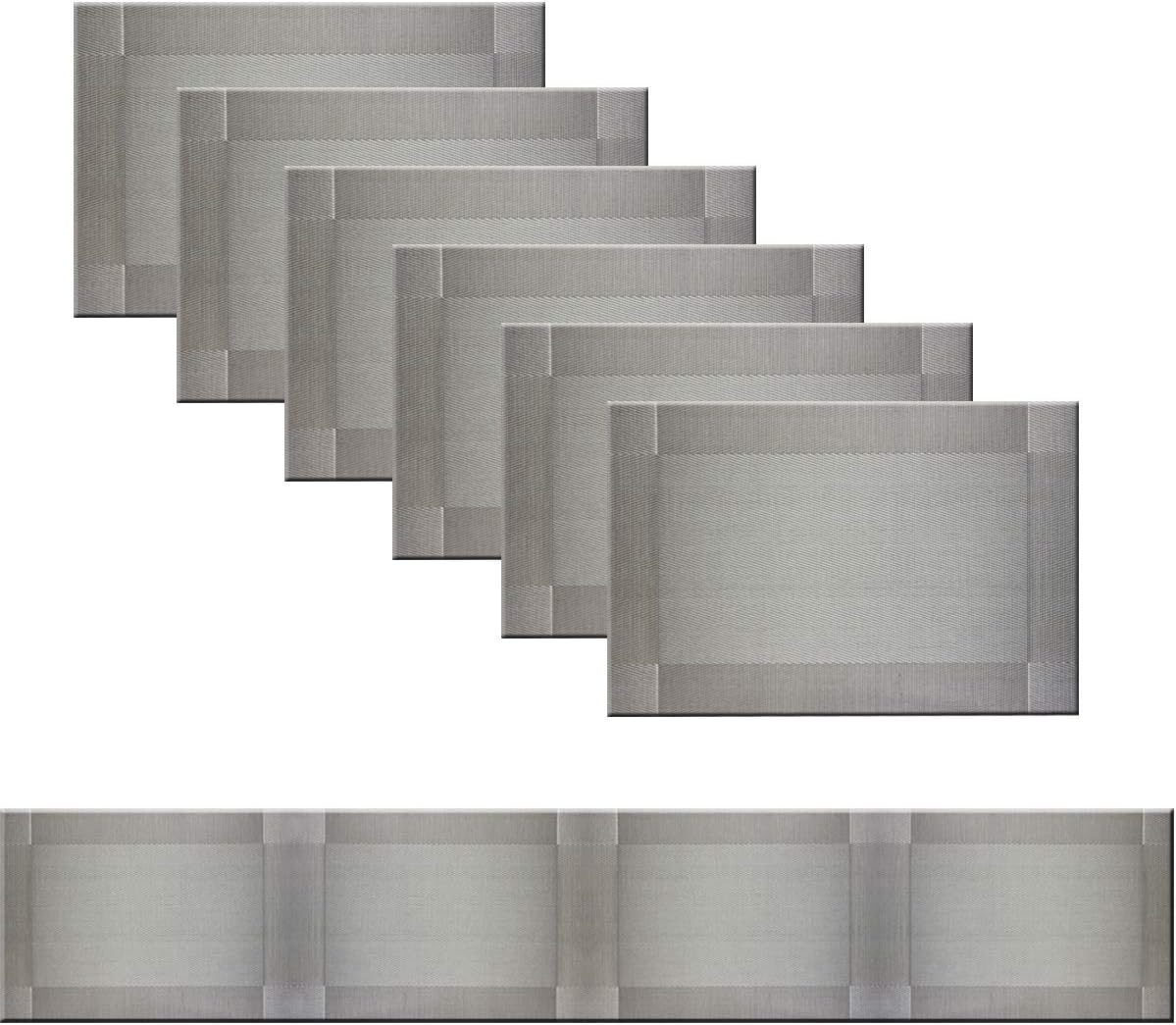 Bright Dream Placemats and Table Runner 11.8x70.8inches Set for Kitchen Table Mats Easy to Clean Woven Vinyl Indoor Outdoor Placemat (1 Table Runner and 6 Placemats, Grey)