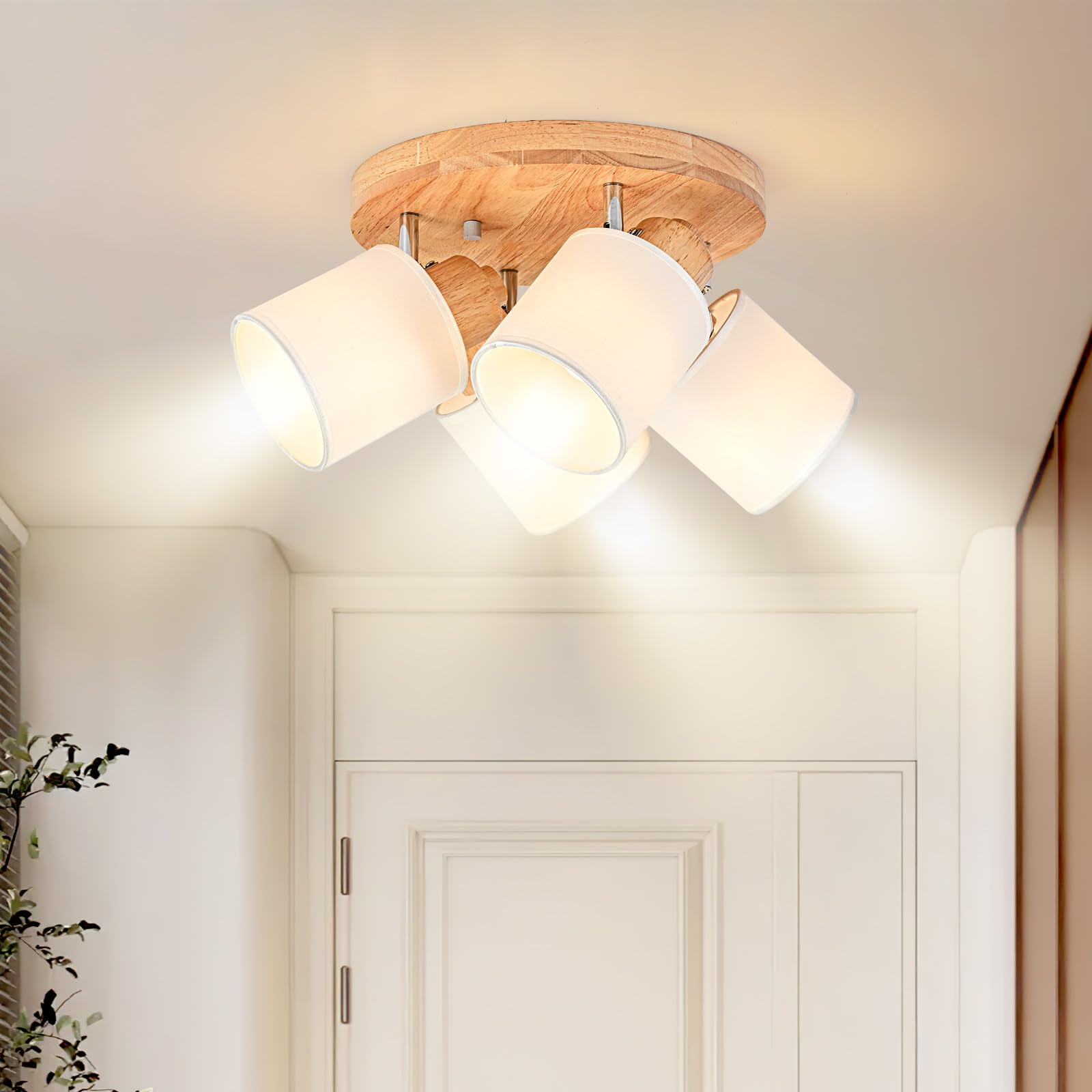 Plafoniera Lampada da Soffitto 4 Faretti Rotonda Orientabili, Legno Faretti da Soffitto Faretto da Parete Vintage Plafoniera 4 Luce E14 per Soggiorno Cucina Cameretta, Lampadina Non Inclusa