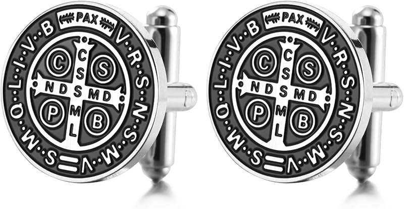Saint Benedict Cufflinks Stainless Steel St. Benedict Cufflinks Jesus Cross Religious Catholic Amulet of Strength Faith Protection Peace Prayer Jewelry For Men