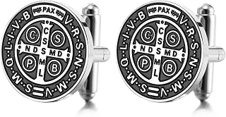TEAMER Saint Benedict Cufflinks Stainless Steel St. Benedict Cufflinks Jesus Cross Religious Catholic Amulet of Strength Faith Protection Peace Prayer Jewelry For Men