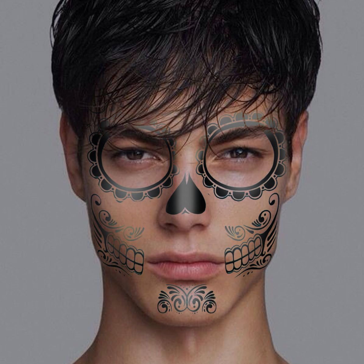 HEALLILY Tatuajes Temporales Impermeables en Papel Negro para Halloween de Esqueleto 2 Piezas para Maquillaje Facial en Fiestas y Celebraciones