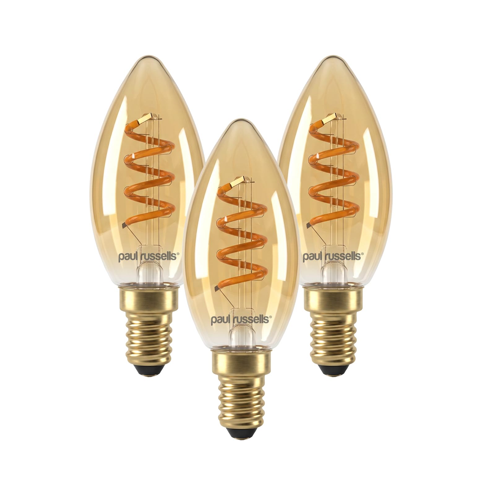 paul russells Dimmable Spiral LED Filament Small Edison Screw Candle Bulb, E14 2.5W (15W Equivalent) - 135LM, 1800K Extra Warm Vintage SES Amber Light, Decorative C35 Chandelier Lamp – Pack of 3