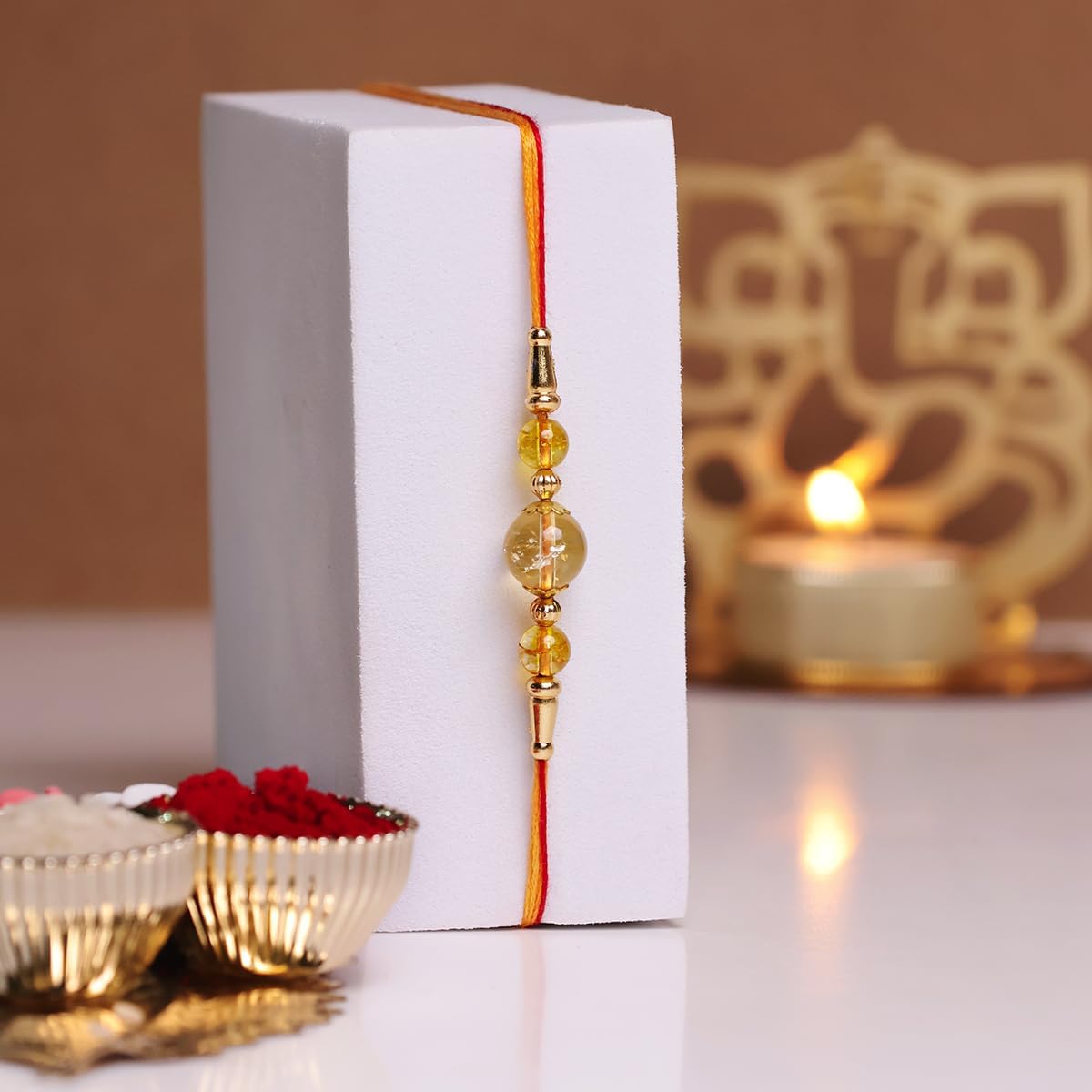 Citrine 3 Beads Rakhi for Brother | Handmade Dori Rakhis for Raksha Bandhan with Roli Chawal Bottle | Spiritual Rakshabandhan Gift for Brother | Natural Crystal Rakhi set for Brothers (Pack of 2) 2