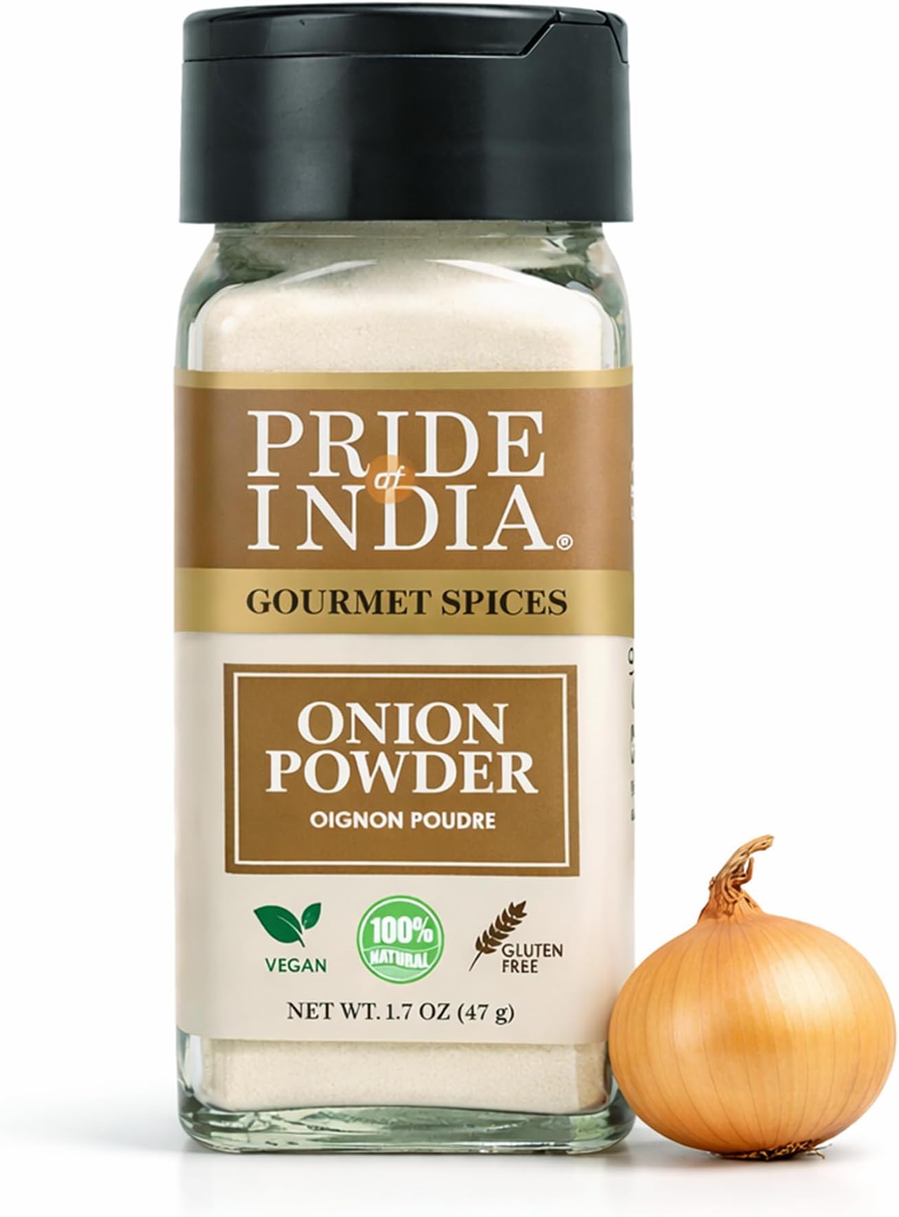 Pride of India – Onion Fine Ground – Gourmet Spice for Cooking – Pantry Essential – Adds Flavor to Sauces/Dips/Rubs/Marinades – Easy to Use – 1.7 oz. Small Dual Sifter Jar