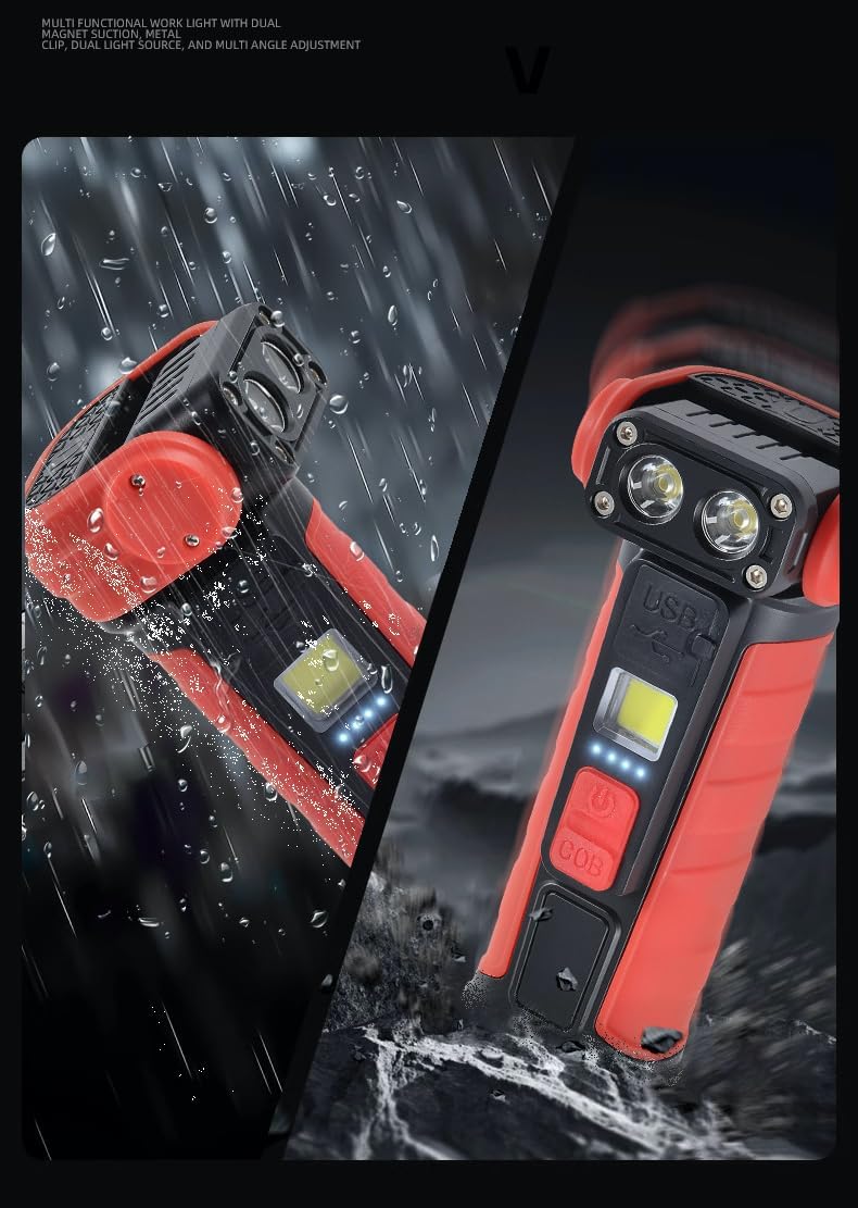 Multi-Functional Rechargeable Flashlight,Magnetic Base&Metal Clip for handsfree,Swivel Head with 180°Horizontal and 100°Vertical Rotation,Used in EmergenciesCampCar Repair