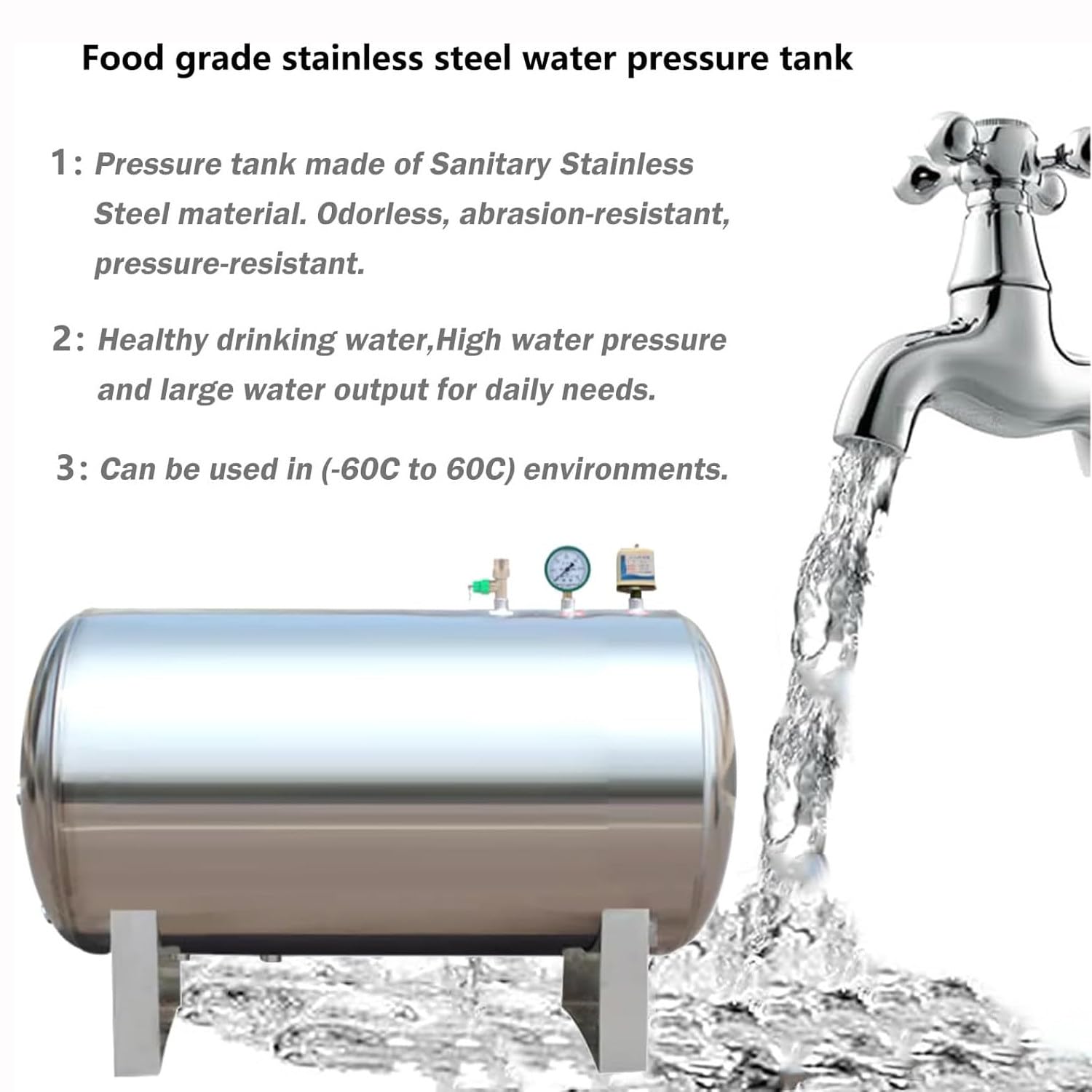 Tanque de Presión de Acero Inoxidable, 100 160 200L, Vaso de Expansión, Tanque de Presión de Almacenamiento de Agua 220V, para el Hogar/Jardín/Agricultura,100L/26.4Gal