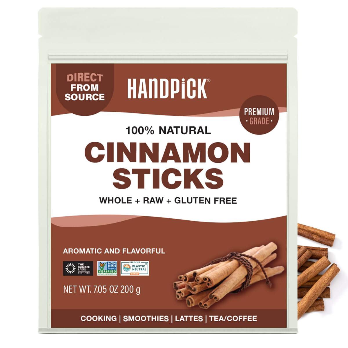 HANDPICK, Cinnamon Sticks (7 oz) 100% Raw, Non-GMO, Gluten-Free | Premium Quality | Resealable Ziplock Pouch | Perfect for Baking, Cooking & Beverages
