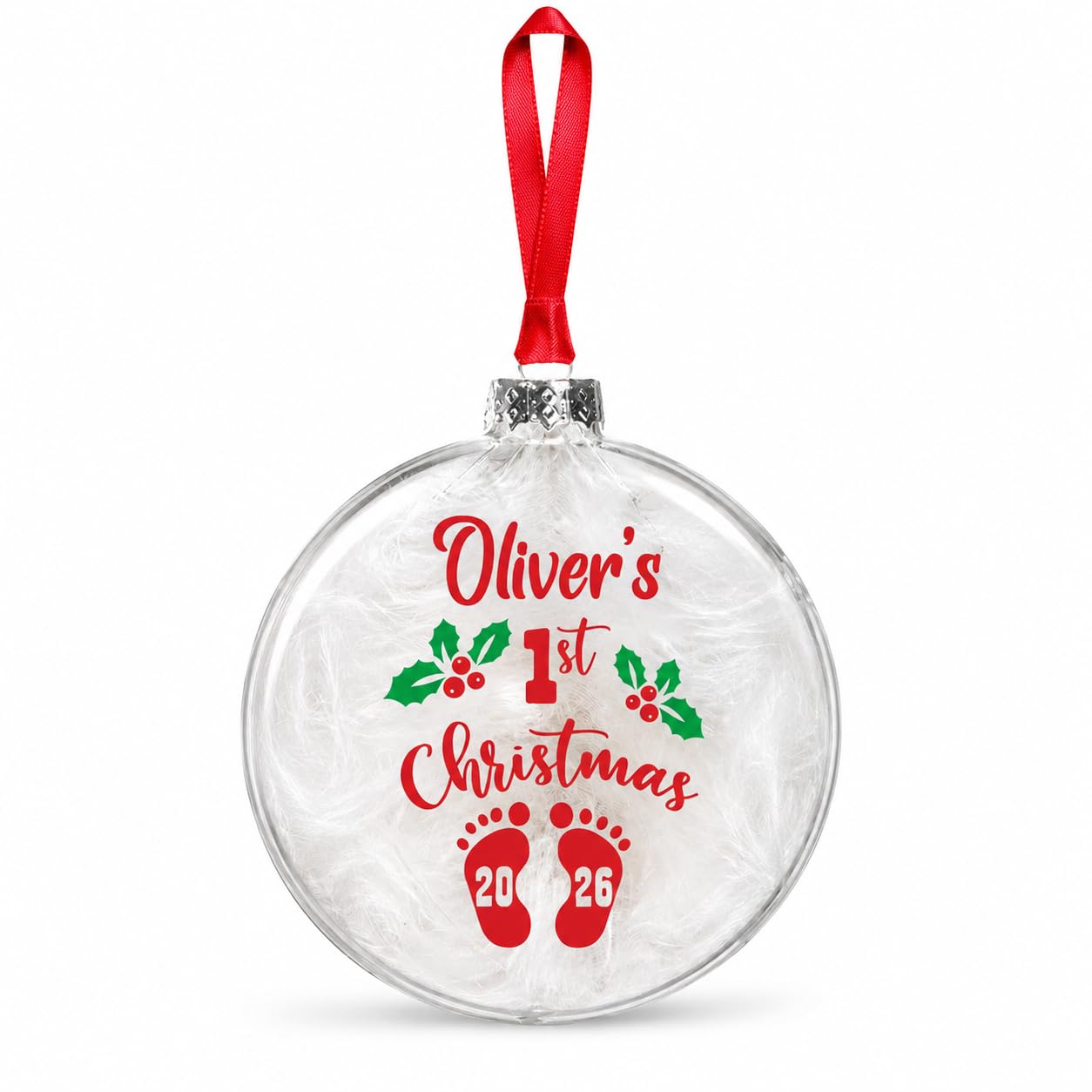 Personalised Baby’s First Christmas Bauble – Clear Glass 8cm Keepsake Decoration with Red UV Print & Satin Ribbon – White Feather or Clear Sparkly Crystal Filling (Red)