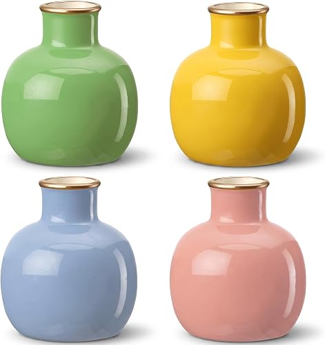 4 Pcs Small Ceramic Bud Vases Set Mini Boho Floral Vase with Golden Rim for Home Decor, Nordic Style Decorative Centerpiece for Wedding, Bookshelf, Table Decor Blue, Green, Pink, Yellow
