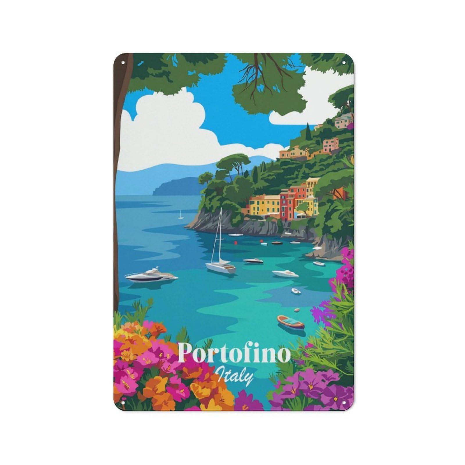 Junmoney Style-22 Portofino Italy Coastal Scene Classic Metal Wall Decor 30X20cm, Metal Wall Plaque For Hobby Room, Office, Lounge Or Living Room