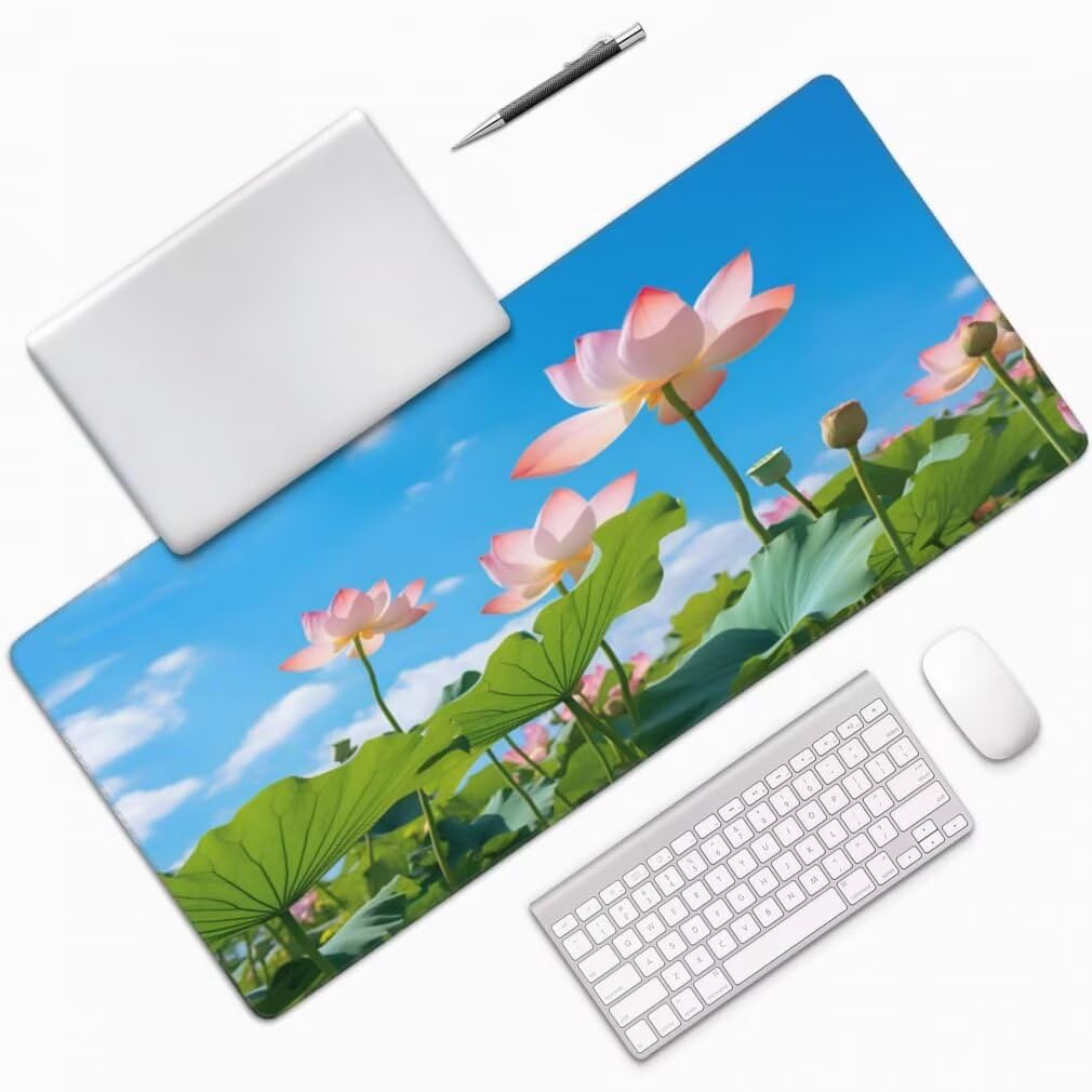 Alfombrilla Raton XXL 1200 x 600 x 3 mm, Mouse Pad Grande Gaming, Alfombrilla de Raton Flor de Loto Mousepad Lavable Desk Mat para Juegos Y Oficina, Impermeable y Antideslizante (Cielo Azul) -MP1553