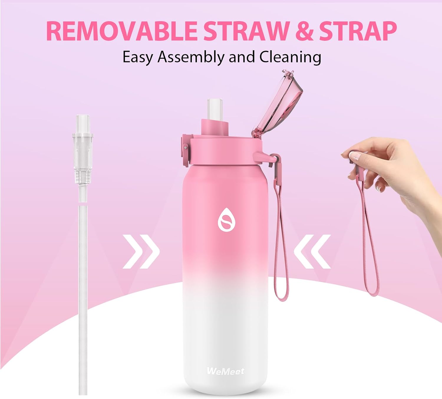 WEMEET 32oz Water Bottle with Removable Straw and Spout Lid Two Ways to Drink, 18/10 Stainless Steel Insulated Water Bottle, BPA-Free, Leak Proof, Double wall, for Sports, Gym