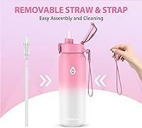 Vista 3 de Botella de agua de 32 onzas con popote extraíble y tapa de boquilla, dos maneras de beber, botella de agua aislada de acero inoxidable 1810, sin