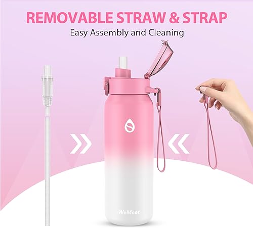 Miniatura 3 de Botella de agua de 32 onzas con popote extraíble y tapa de boquilla, dos maneras de beber, botella de agua aislada de acero inoxidable 1810, sin