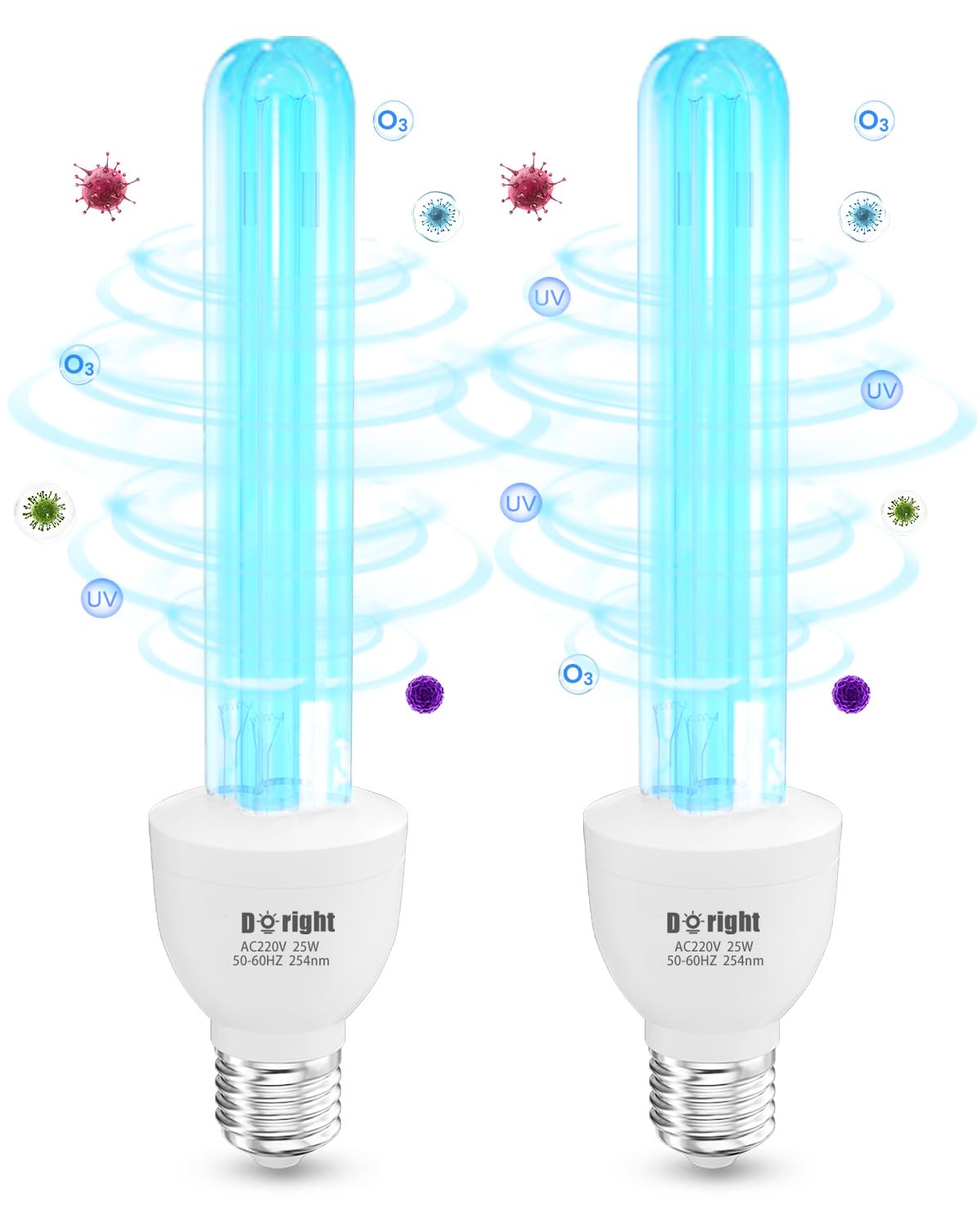 DoRight 2 unidad Lampara UV Desinfeccion 25W E27 Lampara UVC Ozono (UVC 254nm +O?) Blu-Ray con Tubo de Cuarzo UV Germicida Esterilizador AC 220-240V para Hogar, Escuela, Oficina
