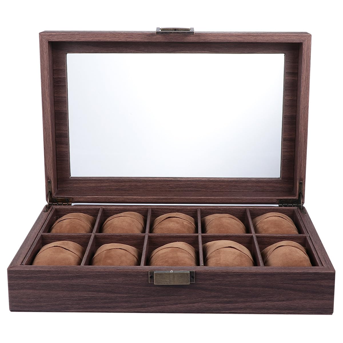 Scatola Porta Orologi in Pelle Pu e Legno 10 Scomparti Separati, Copertura Trasparente in Vetro, Organizer Elegante per Orologi e Gioielli Adatto a Uso Personale
