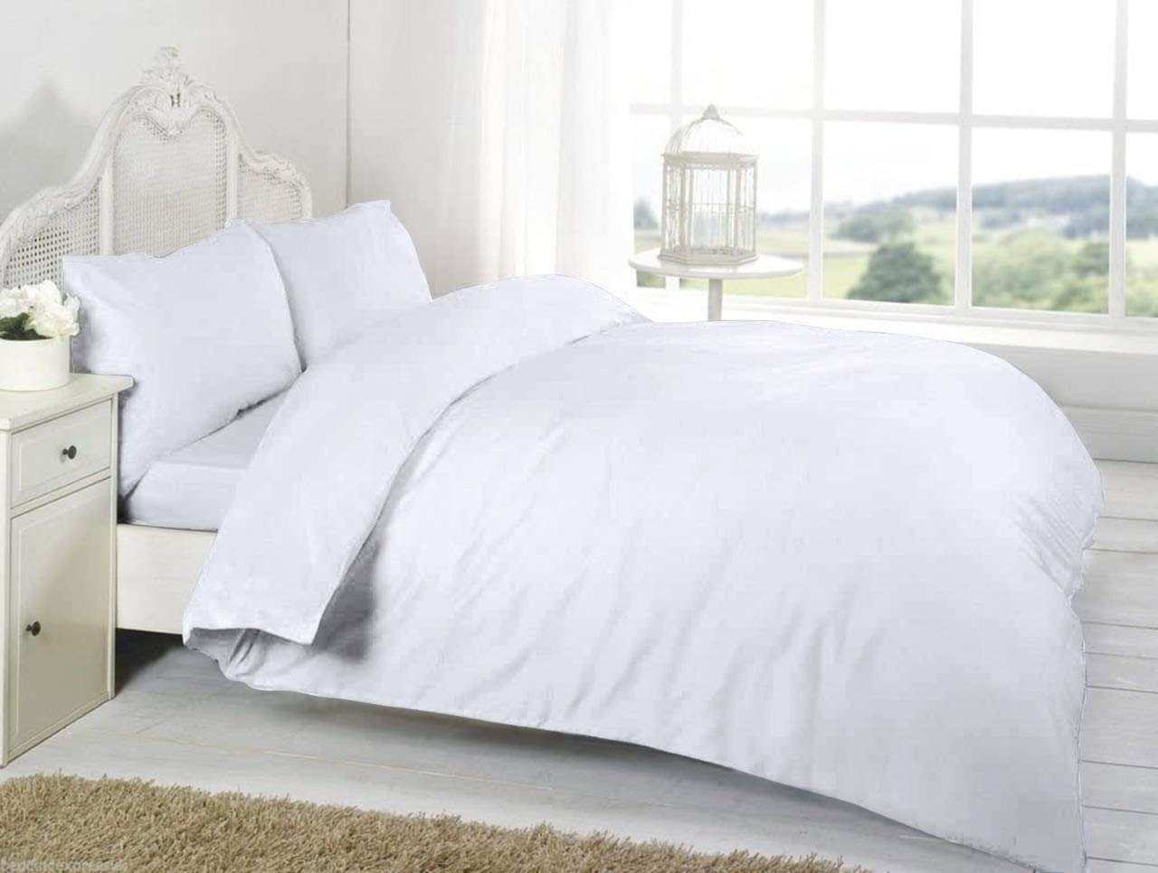 Hanfords200 Thread Count 100% Egyptian Cotton Duvet Cover Plain Bedding Set With Pillowcases 200TC (White, Super King)