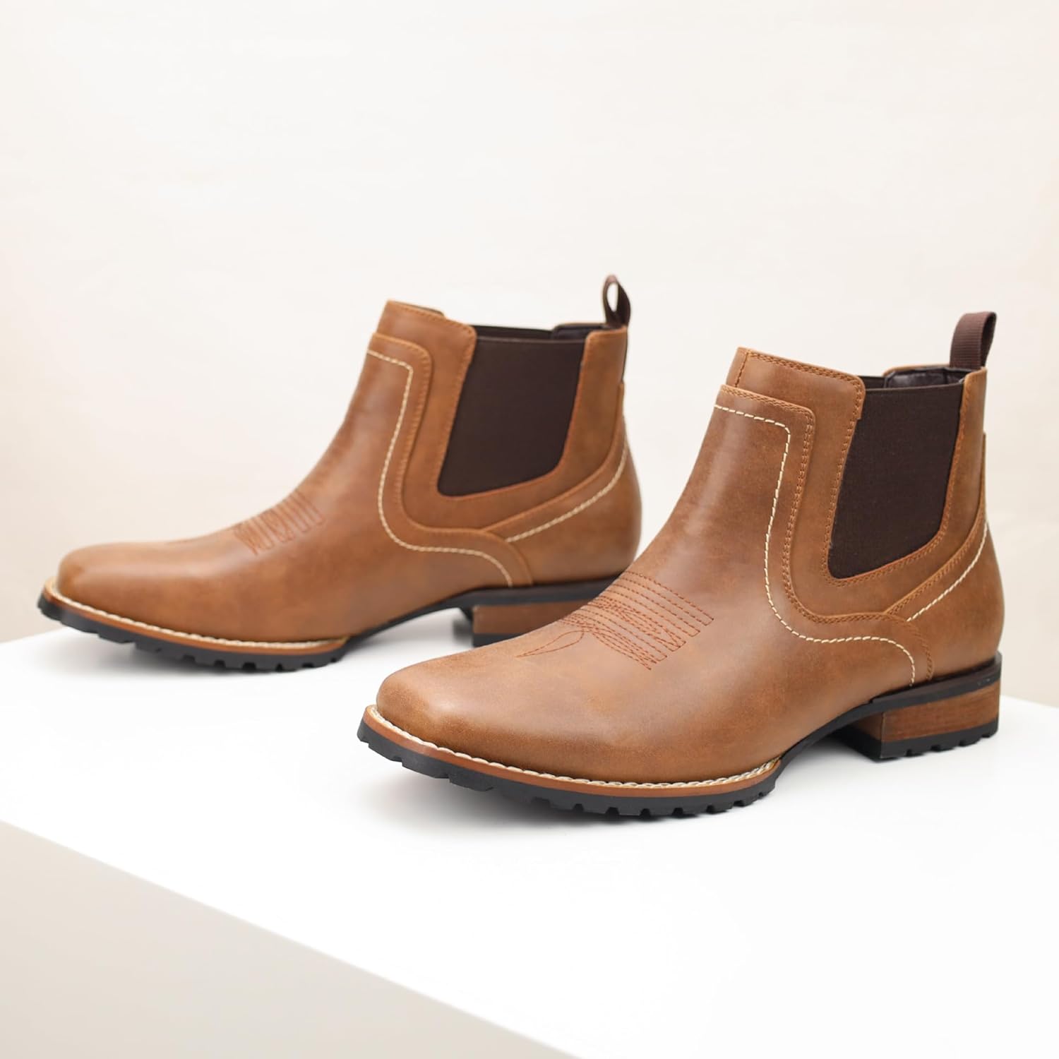 JASONSTAR Cowboy Boots for Men Square Toe Ankle Chelsea Boots Men's Western Short Casual Retro Stylish Boots - Image 7