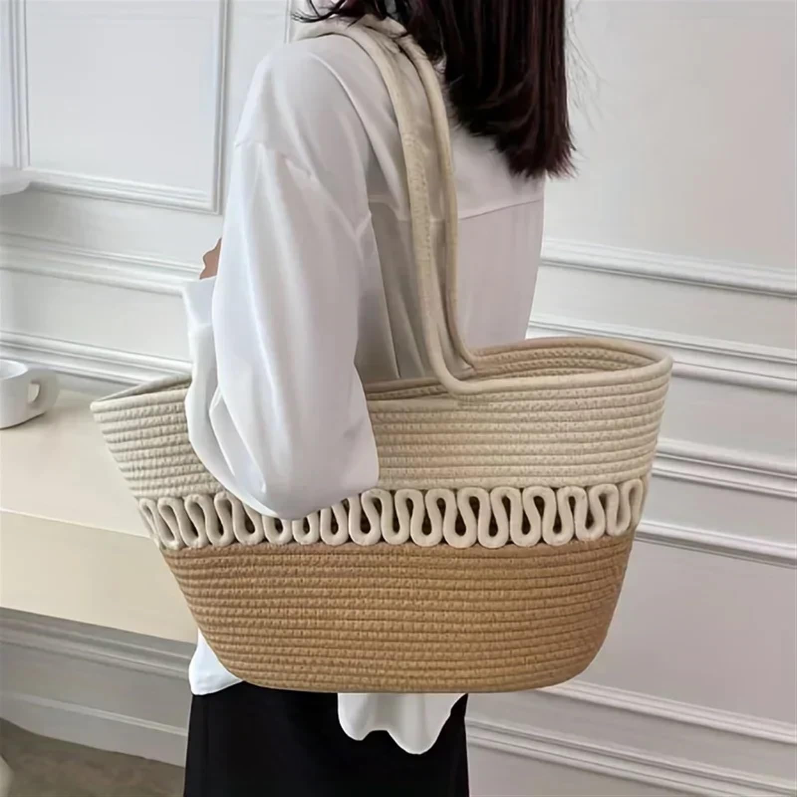 Bolsos de Paja Kits de Tejido, Bolso de Playa de Tela Caqui, Gran Capacidad, Hecho a Mano, Paja, Bolsa de Ocio for Vacaciones de Verano, Bolsos de Mujer, Bolsas de Compras(A)